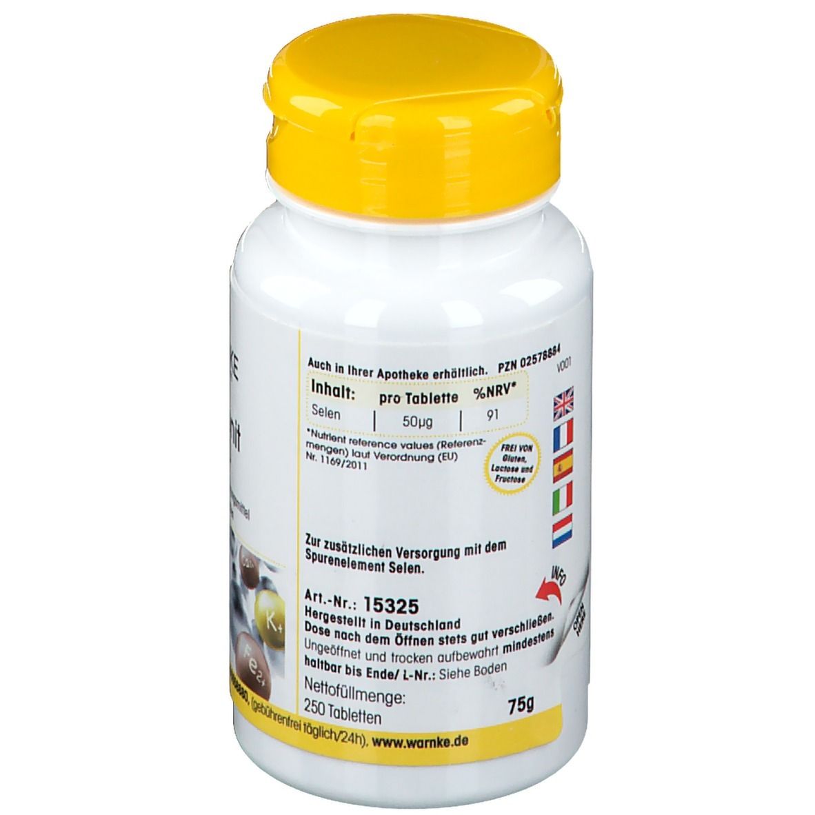 Dos du flacon blanc à bouchon jaune. Informations sur les ingrédients et la valeur nutritionnelle. 250 comprimés. Fabriqué en Allemagne.