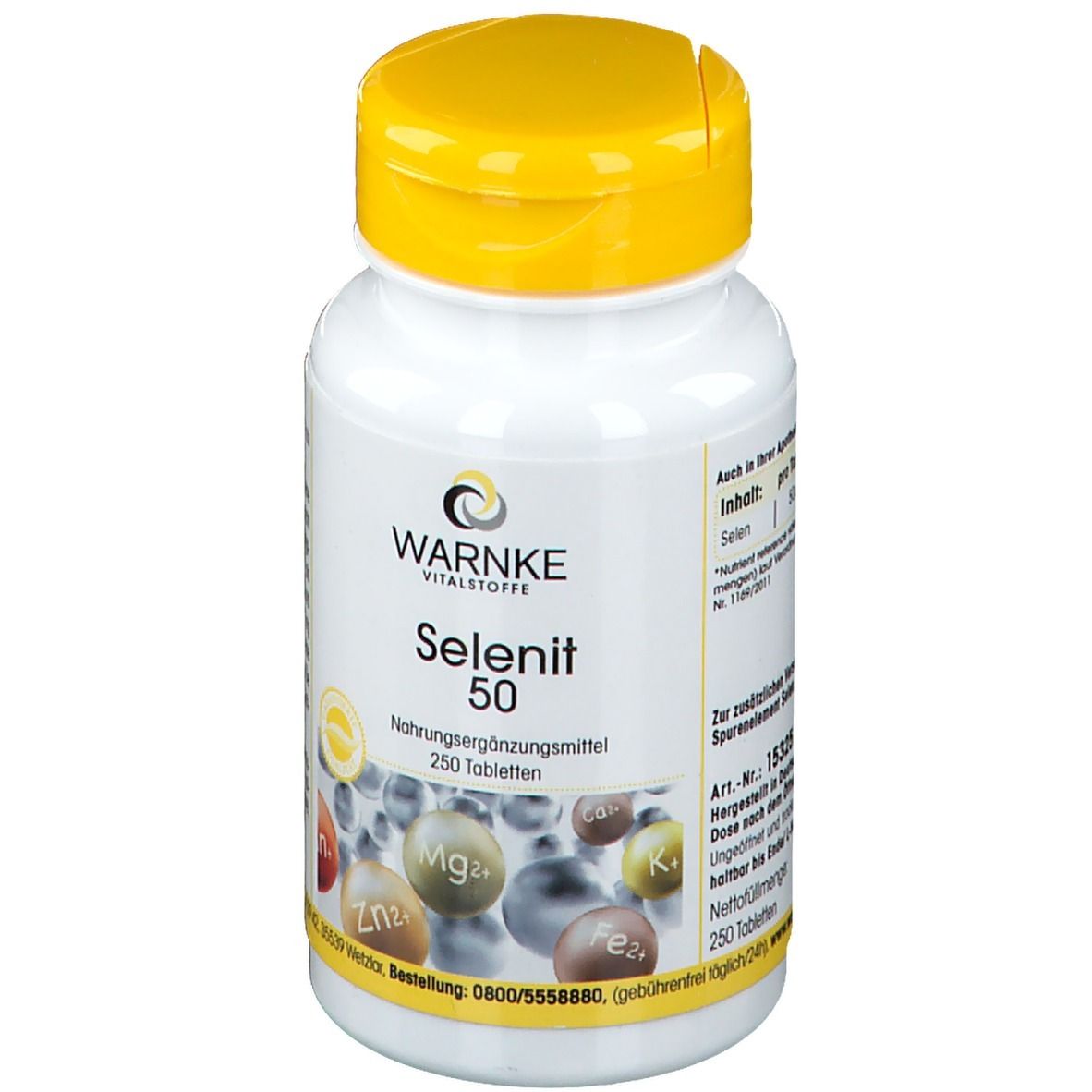 Flacon blanc à bouchon jaune. Inscription : WARNKE Selenit 50. 250 comprimés. Complément alimentaire. Illustration de minéraux.