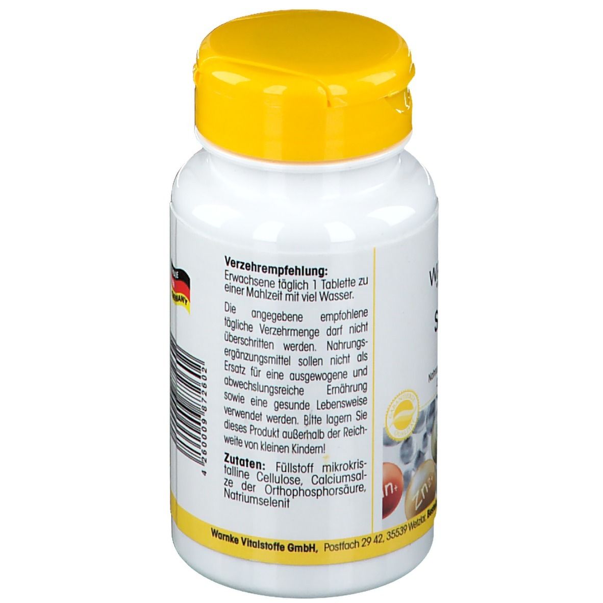 Dos du flacon blanc à bouchon jaune. Recommandations de consommation. Liste des ingrédients. Fabriqué en Allemagne. Warnke Vitalstoffe.