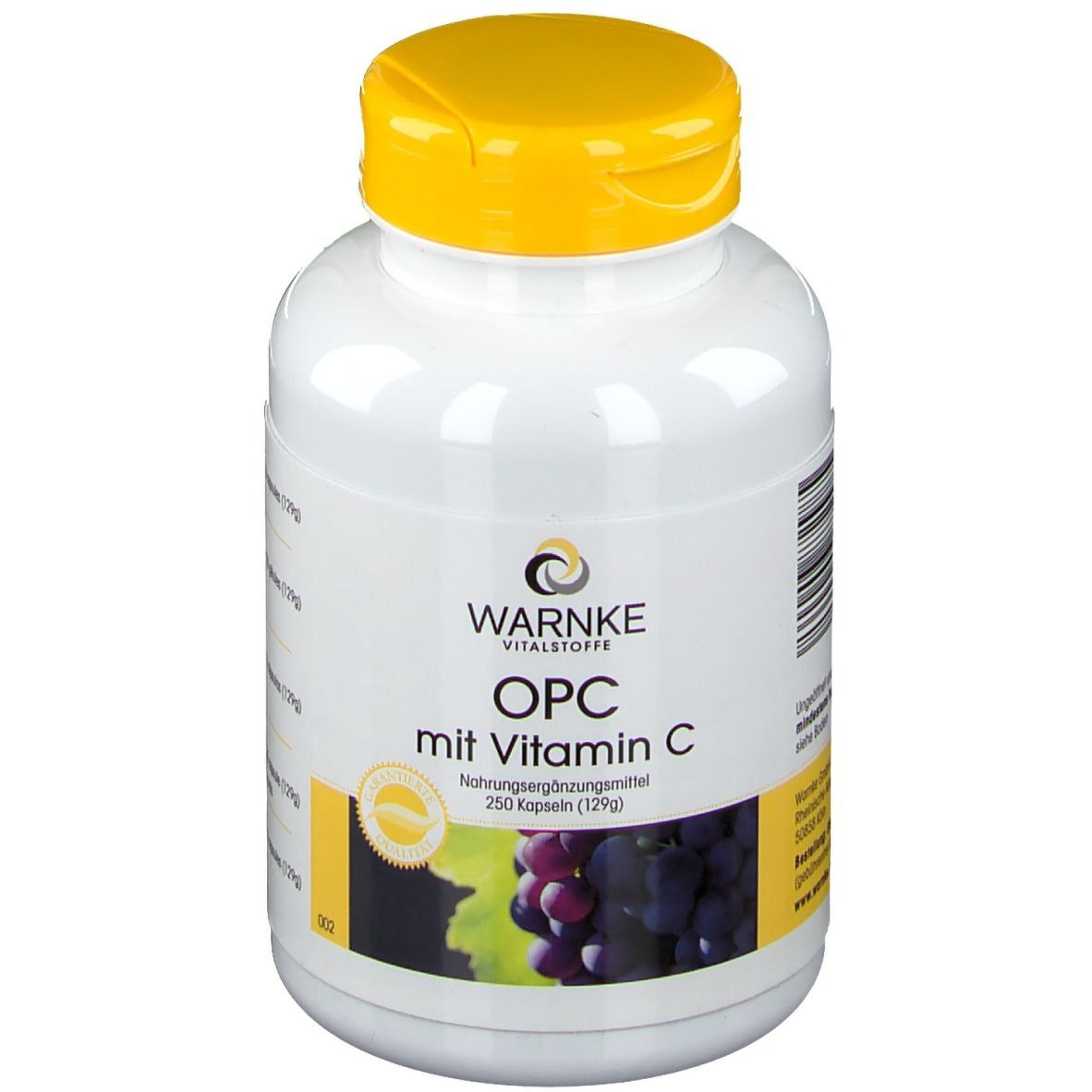Witte fles met gele dop. Opschrift: WARNKE, OPC met Vitamine C. Afbeelding van druiven. 250 capsules.