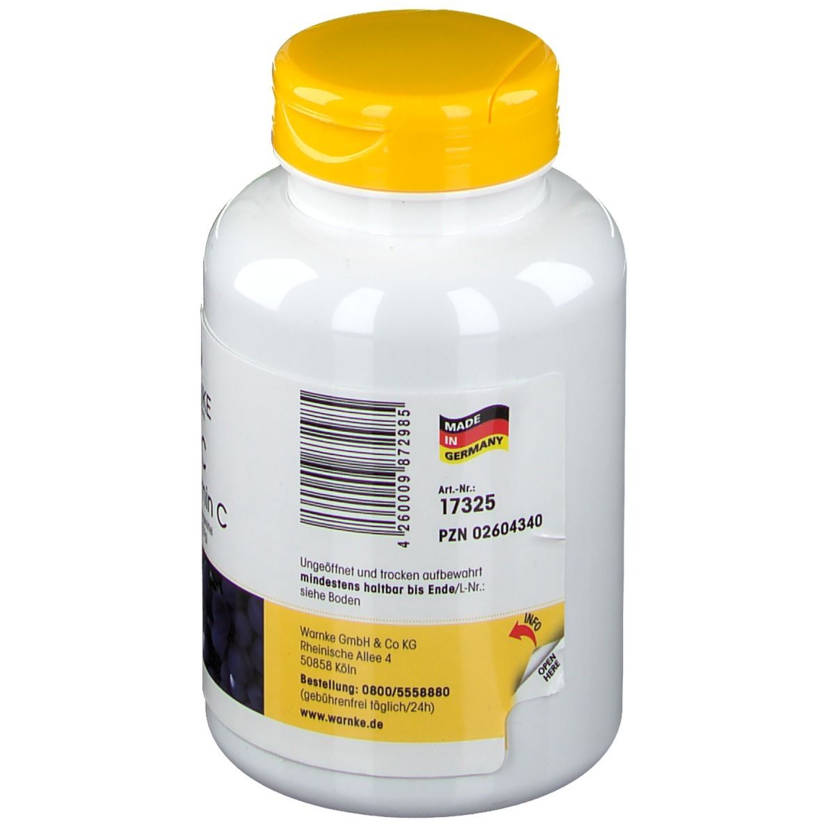 Achterkant van een witte fles met gele dop. Sticker met informatie en barcode. Made in Germany.