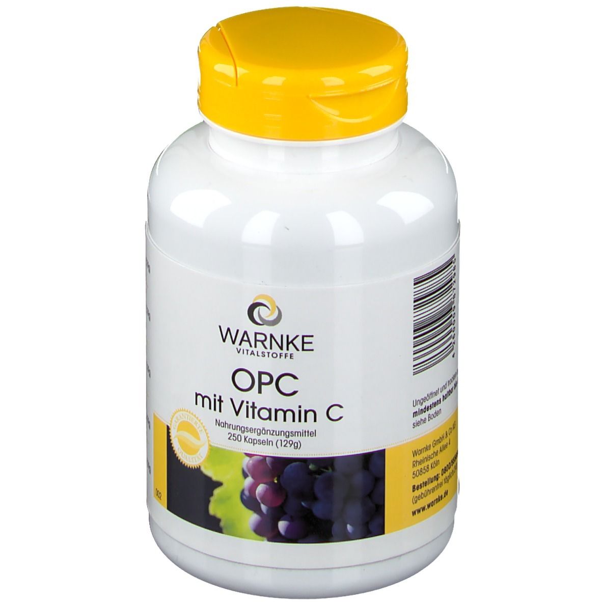 Witte fles met gele dop. Opschrift: WARNKE, OPC met Vitamine C. Afbeelding van druiven. 250 capsules.