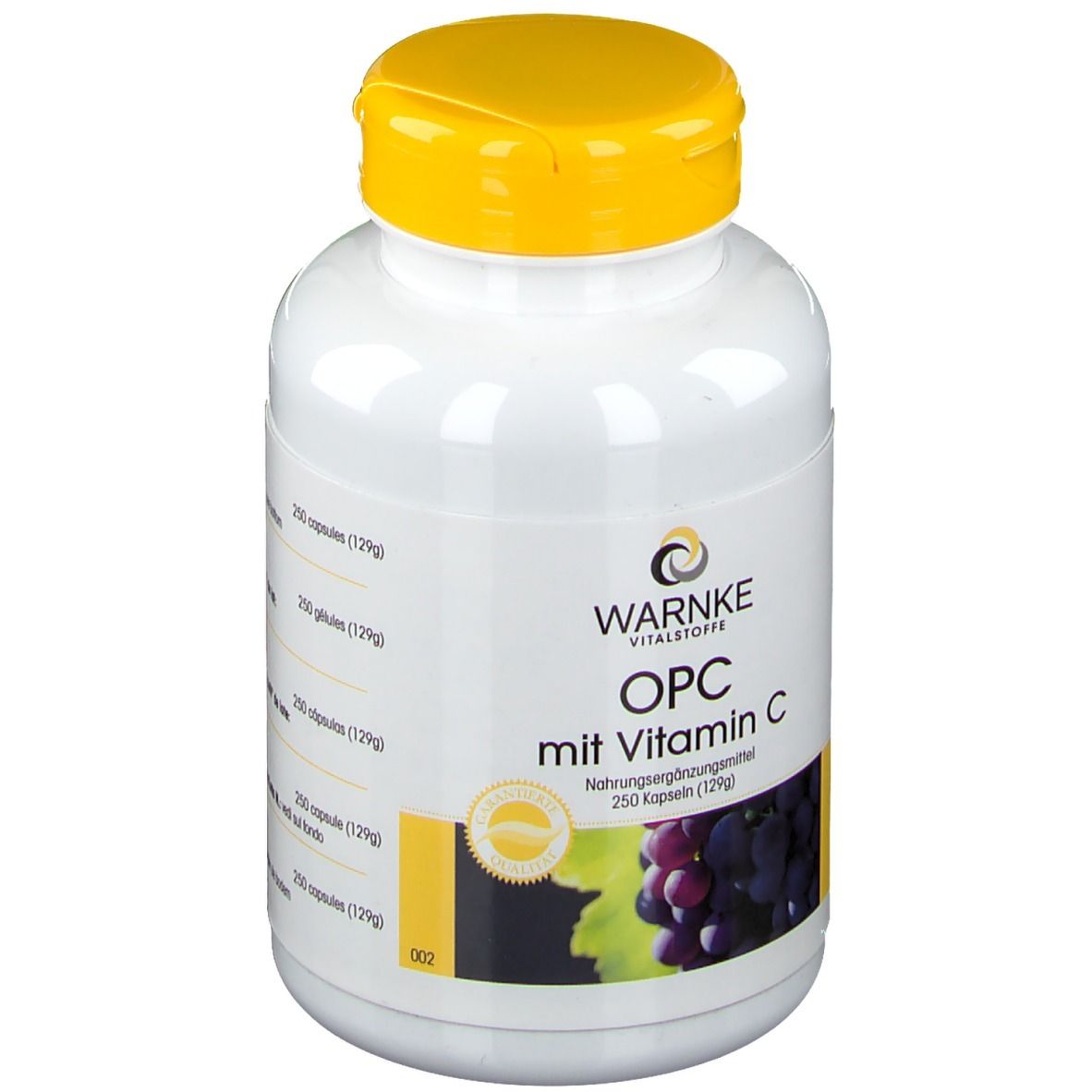 Witte fles met gele dop. Opschrift: WARNKE, OPC met Vitamine C. Afbeelding van druiven. 250 capsules.