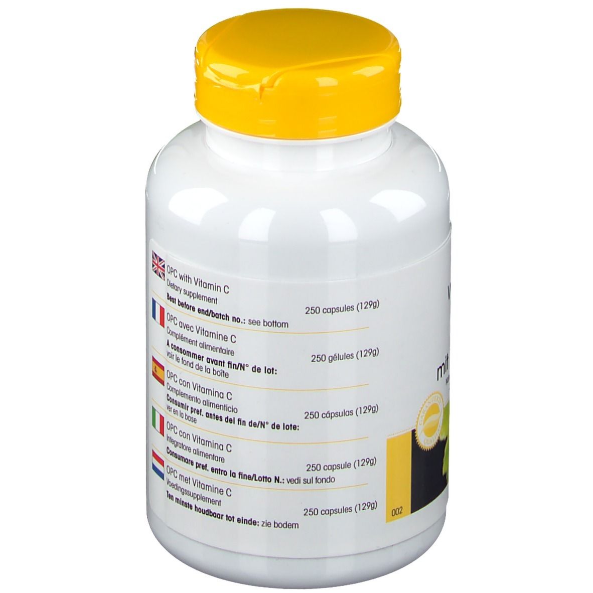 Achterkant van een witte fles met gele dop. Productinformatie in verschillende talen, waaronder Duits en Frans. 250 capsules.