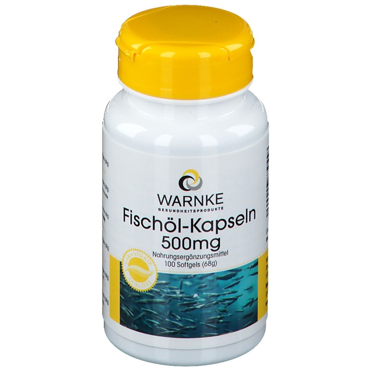 Witte fles met gele dop. Opschrift: WARNKE Fischöl-Kapseln 500mg. 100 softgels. Vis-motief.