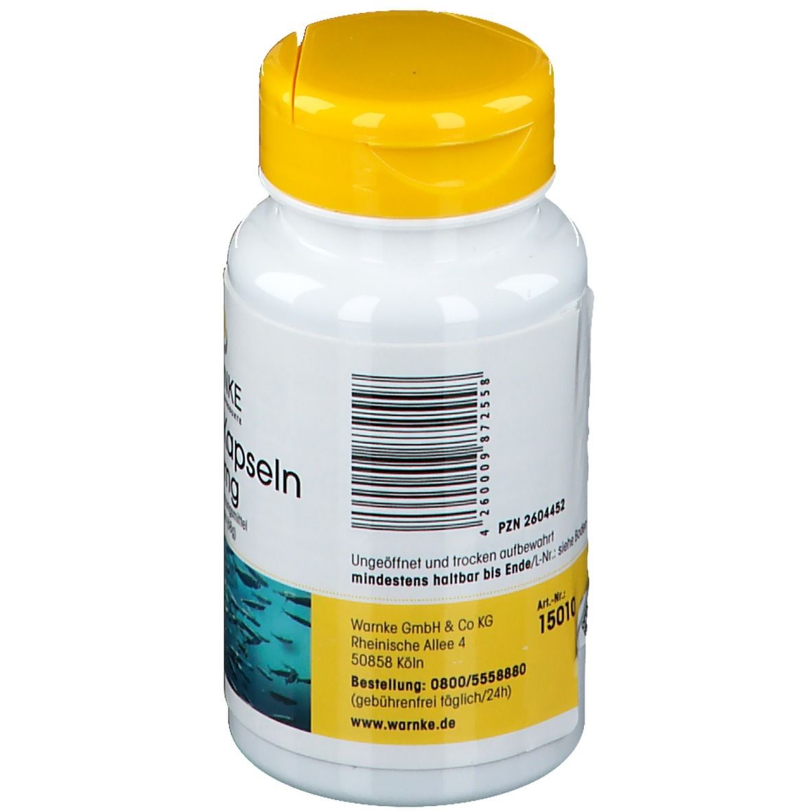 Achterkant van de witte fles. Streepjescode en informatie. Adres: Warnke GmbH & Co KG. Ten minste houdbaar tot einde...