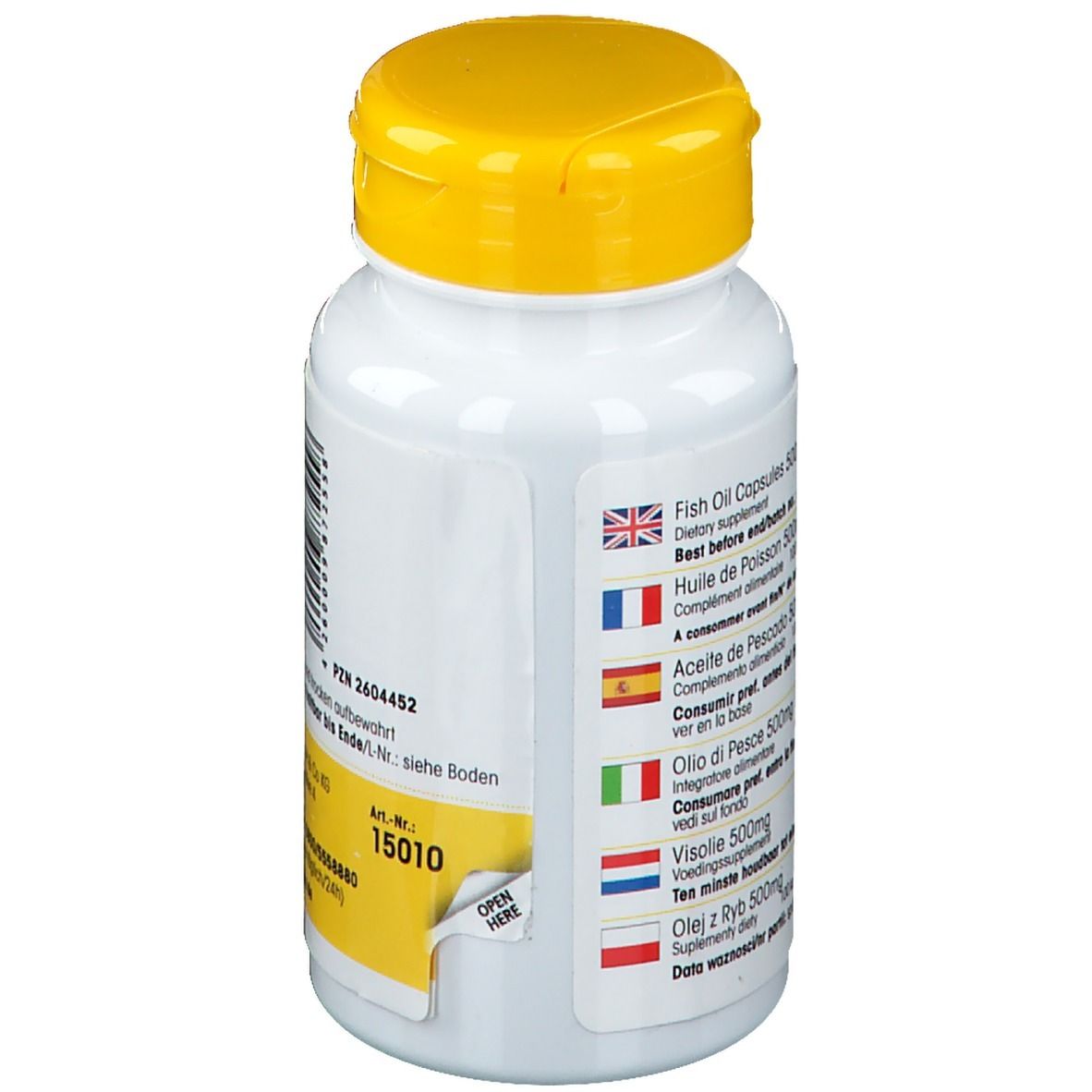 Achterkant van de fles met meertalige informatie. Bevat: Fish Oil Capsules, Huile de Poisson, etc.