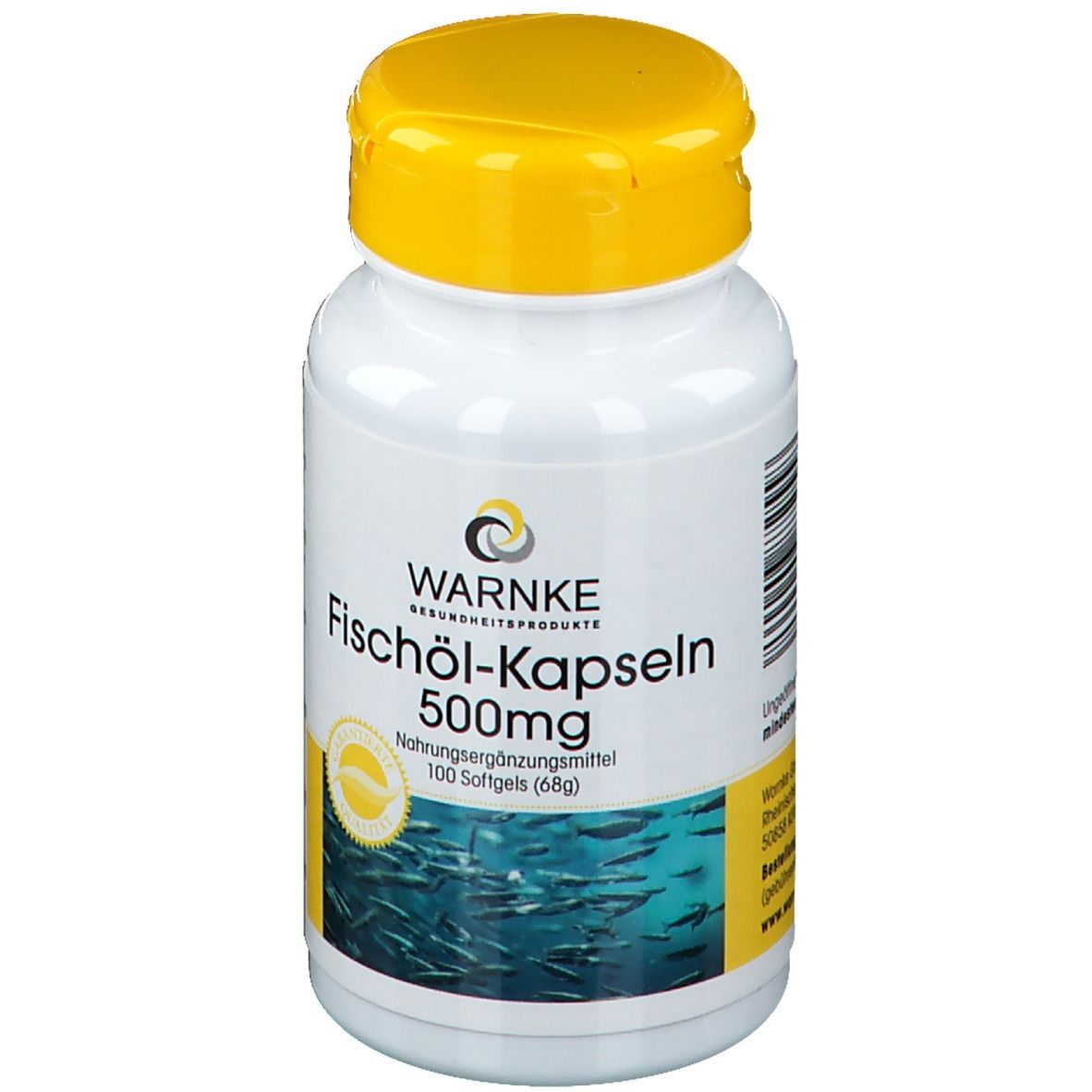 Witte fles met gele dop. Opschrift: WARNKE Fischöl-Kapseln 500mg. 100 softgels. Vis-motief.