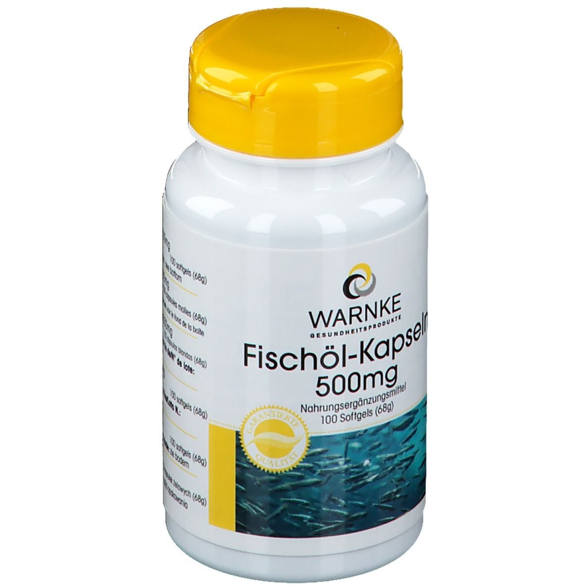 Witte fles met gele dop. Opschrift: WARNKE Fischöl-Kapseln 500mg. 100 softgels. Vis-motief.