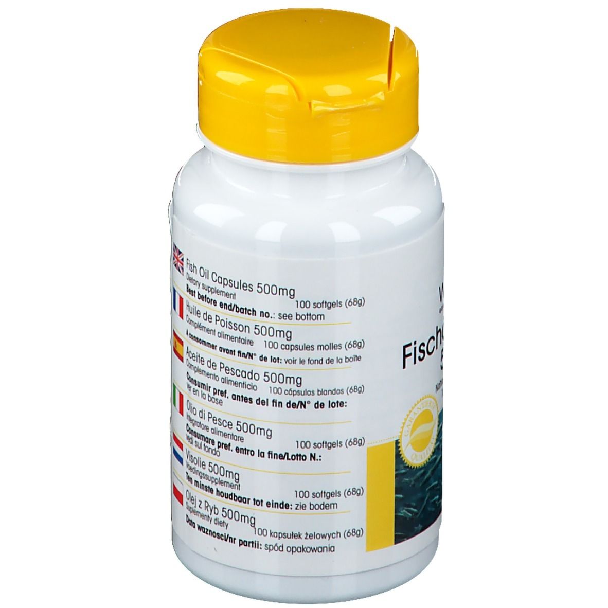 Achterkant van de fles met meertalige informatie. Bevat: Fish Oil Capsules, Huile de Poisson, etc.