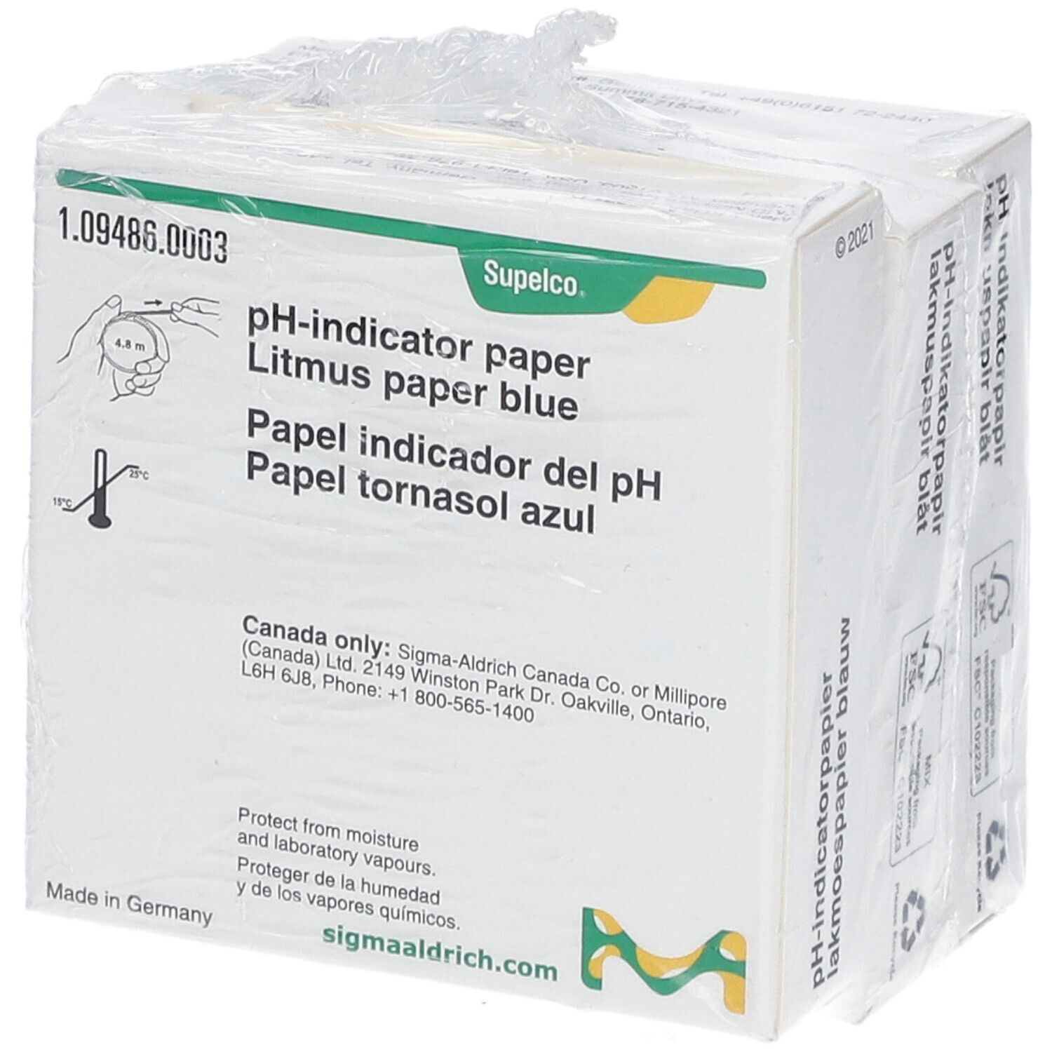Verpakking pH-indicatorpapier, blauw. Opschrift: pH-indicatorpapier, lakmoespapier blauw, Supeclo. Met beschermfolie.