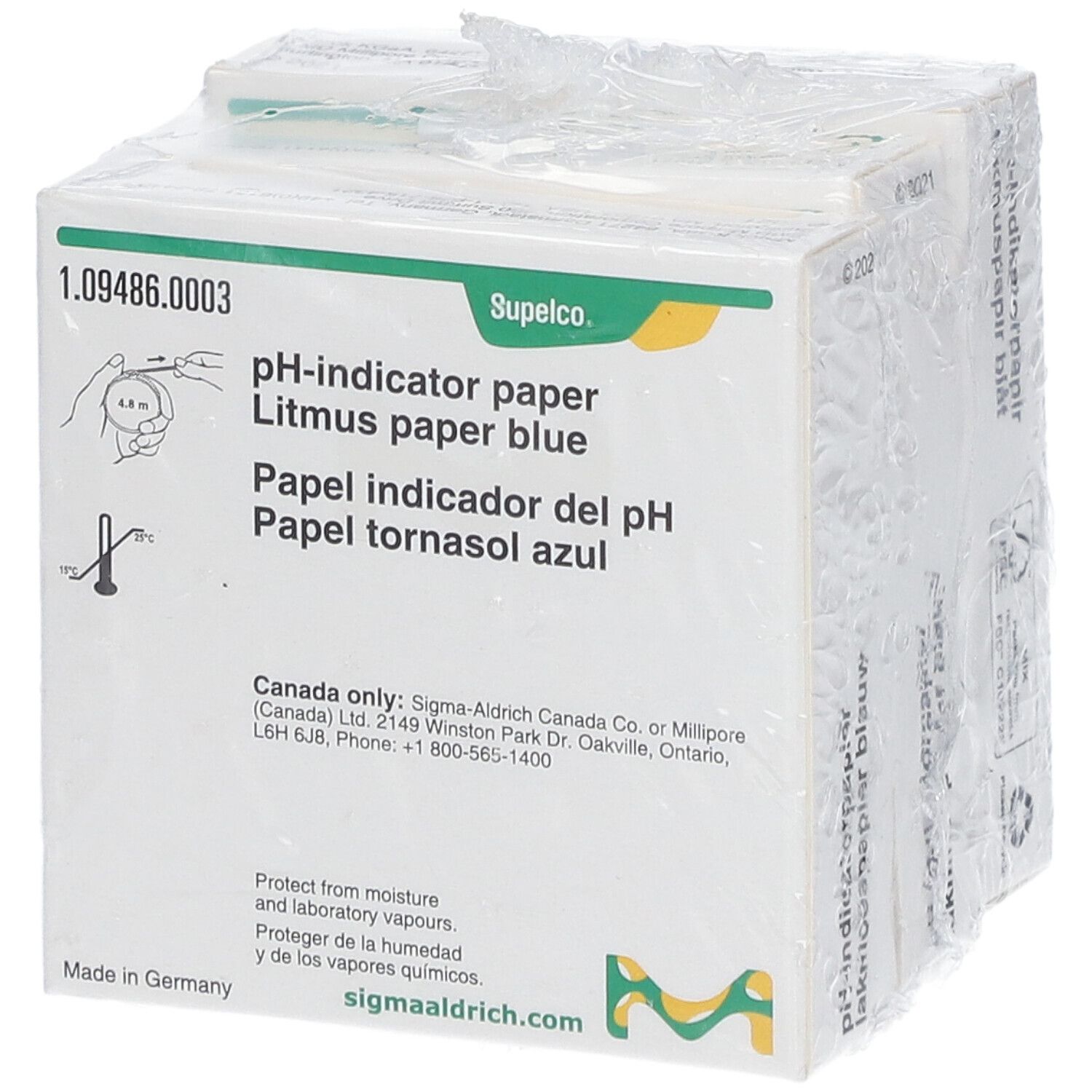 Verpakking pH-indicatorpapier, blauw. Opschrift: pH-indicatorpapier, lakmoespapier blauw, Supeclo. Met beschermfolie.