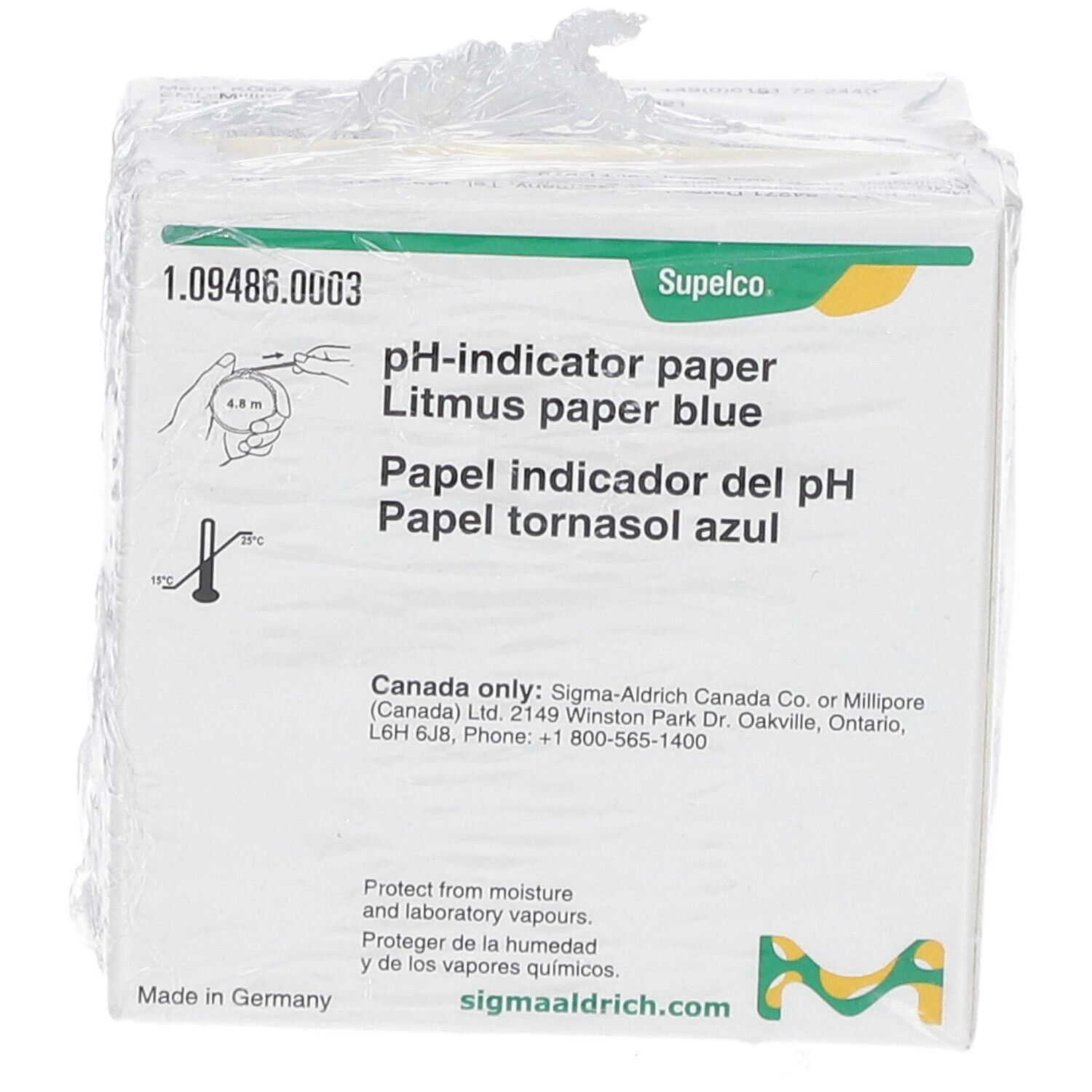 Verpakking pH-indicatorpapier, blauw. Opschrift: pH-indicatorpapier, lakmoespapier blauw, Supeclo. Met beschermfolie.