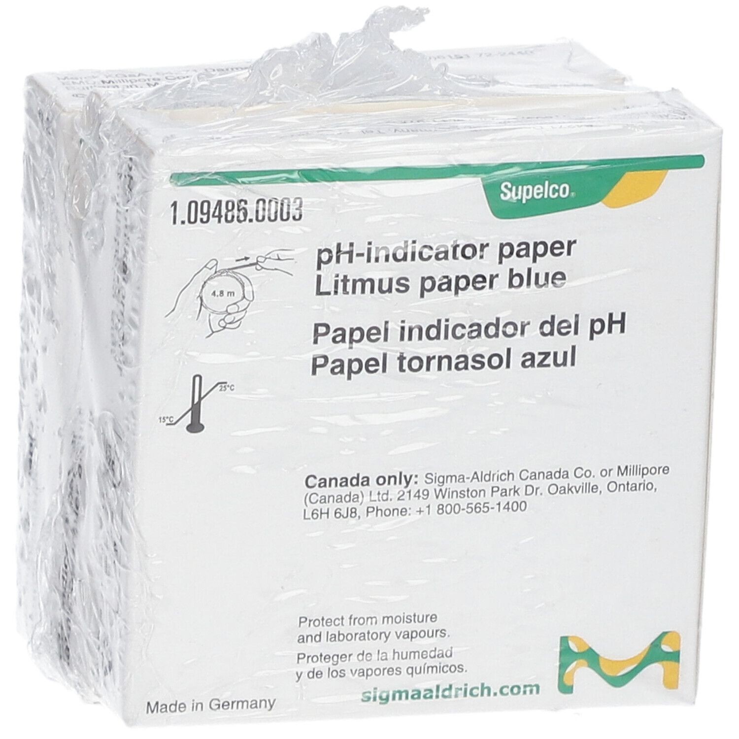 Verpakking pH-indicatorpapier, blauw. Opschrift: pH-indicatorpapier, lakmoespapier blauw, Supeclo. Met beschermfolie.