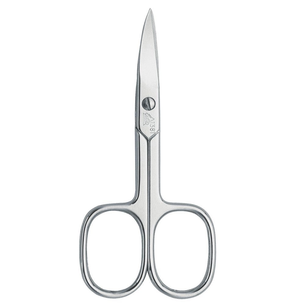 Gebogen, gladde, vernikkelde nagelschaar. Kullen-blad, micro-vertanding. Zilverkleurig. Voor manicure.
