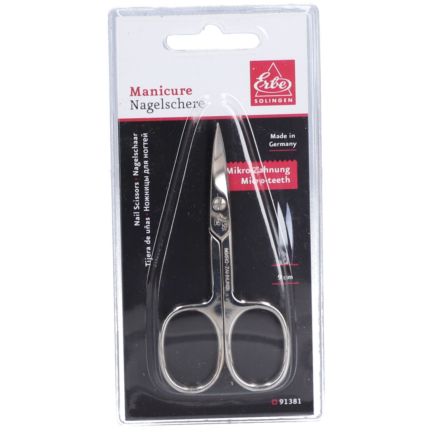 Nagelschaar in verpakking. Merk Erbe Solingen. Micro-vertanding. Made in Germany. Zwarte achtergrond.