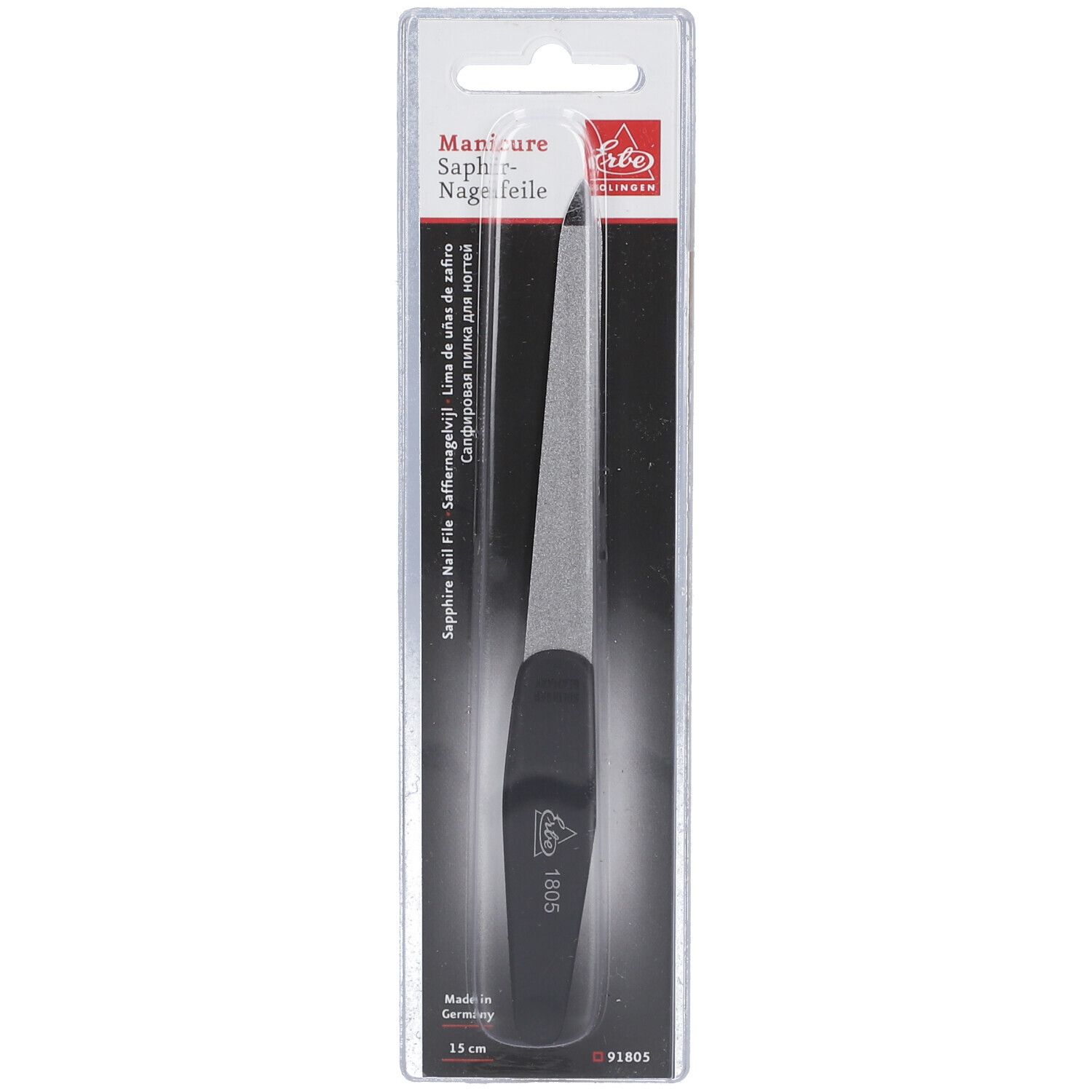 Lime à ongles saphir avec manche noir, 15 cm de long, en emballage blister.