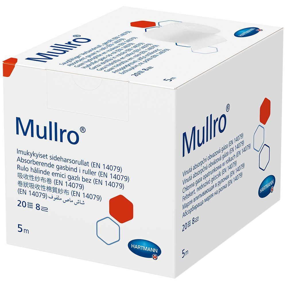 Hartmann Mullro® verbandgaas doos. Witte doos met productnaam en logo. 5m rol, 20-draads, 8-laags.