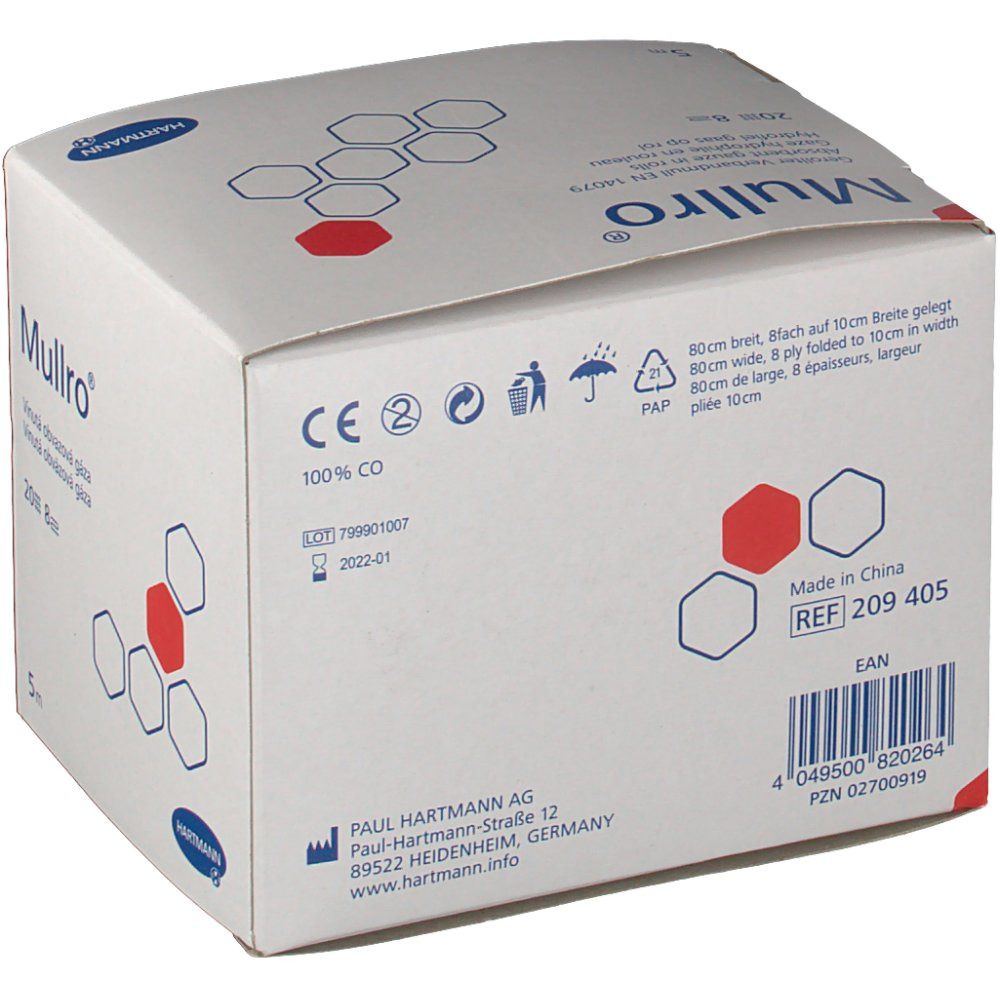 Hartmann Mullro® doos. Witte doos met productinformatie en logo. CE-markering, REF-nummer, EAN-code.