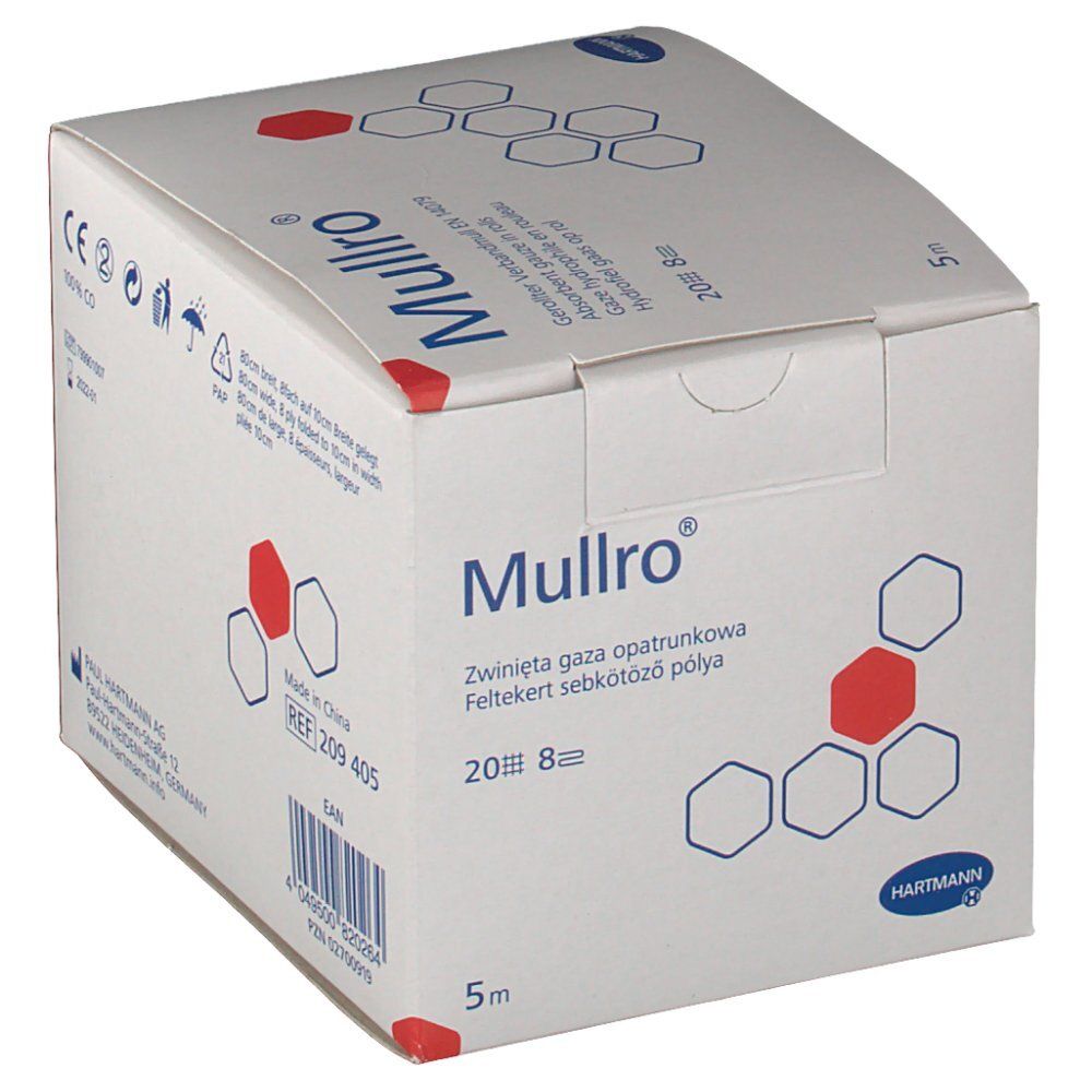 Hartmann Mullro® doos. Witte doos met productnaam en logo. 5m rol, 20-draads, 8-laags.