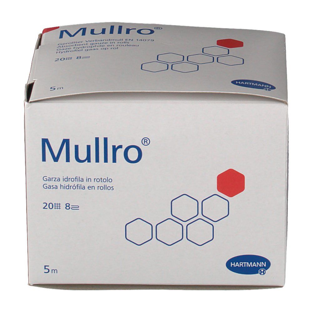 Hartmann Mullro® doos. Witte doos met productnaam en logo. 5m rol, 20-draads, 8-laags.