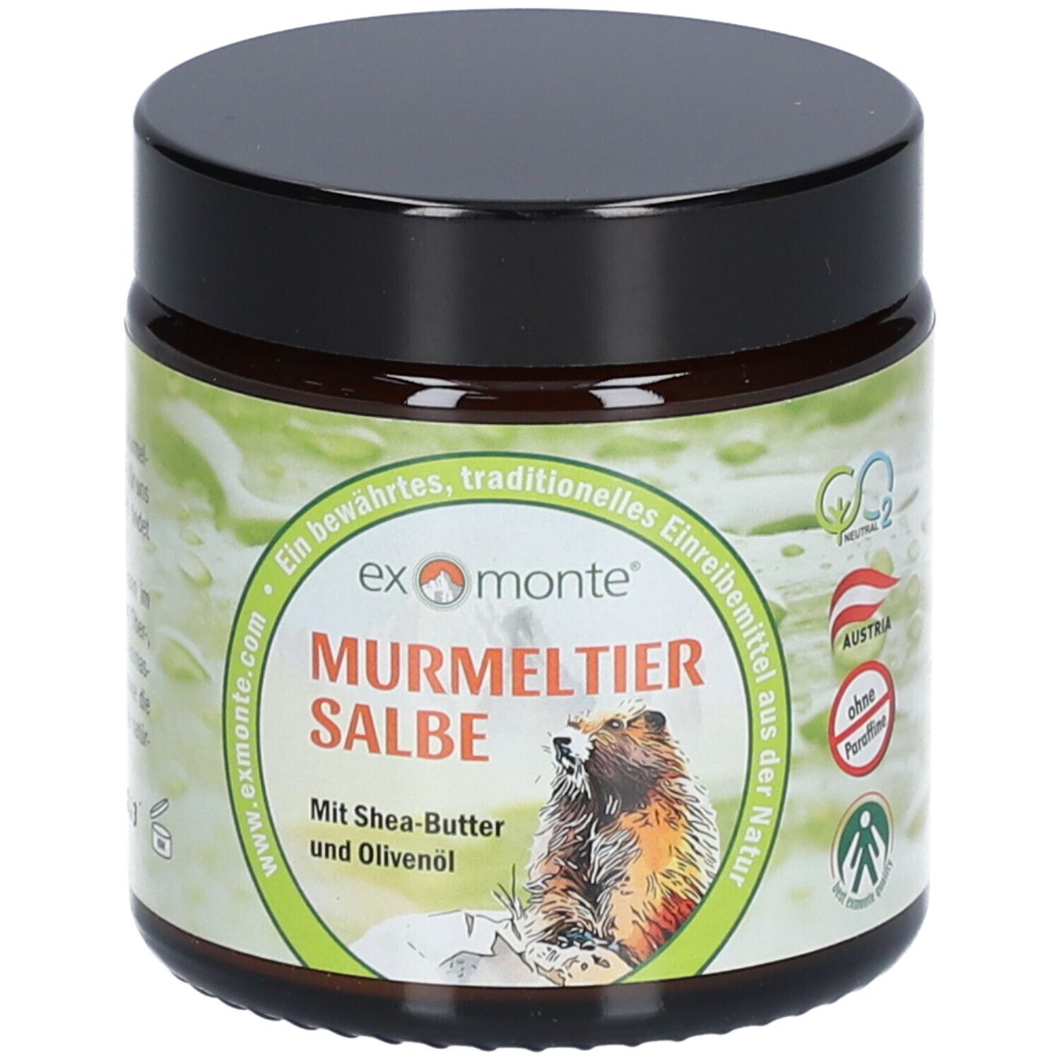 Pot brun avec couvercle noir. Inscription: Murmeltiersalbe, illustration de marmotte, sans paraffines. Sceau: Autriche.