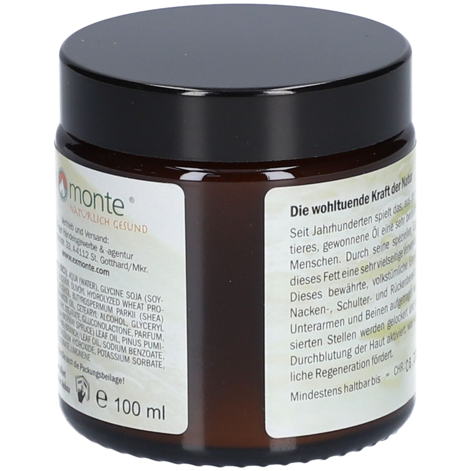Pot brun avec couvercle noir. Dos avec texte. Inscription: Murmeltiersalbe, 100 ml. Marque: exmonte.