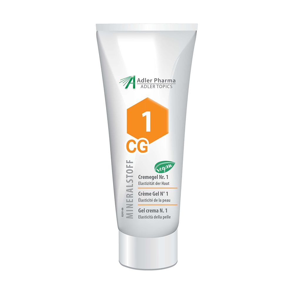 Tube blanche de Crème Gel N°1. Logo orange avec "1 CG". Inscription "MINERALSTOFF" et "Adler Pharma". Label végan.