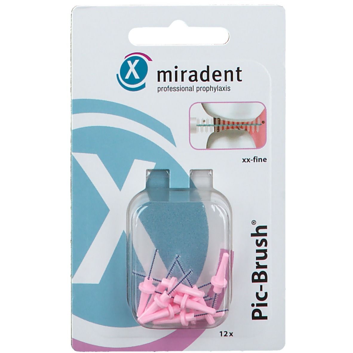Emballage de brosses interdentaires Pic-Brush roses. 12 pièces dans une boîte transparente. Marque : miradent.