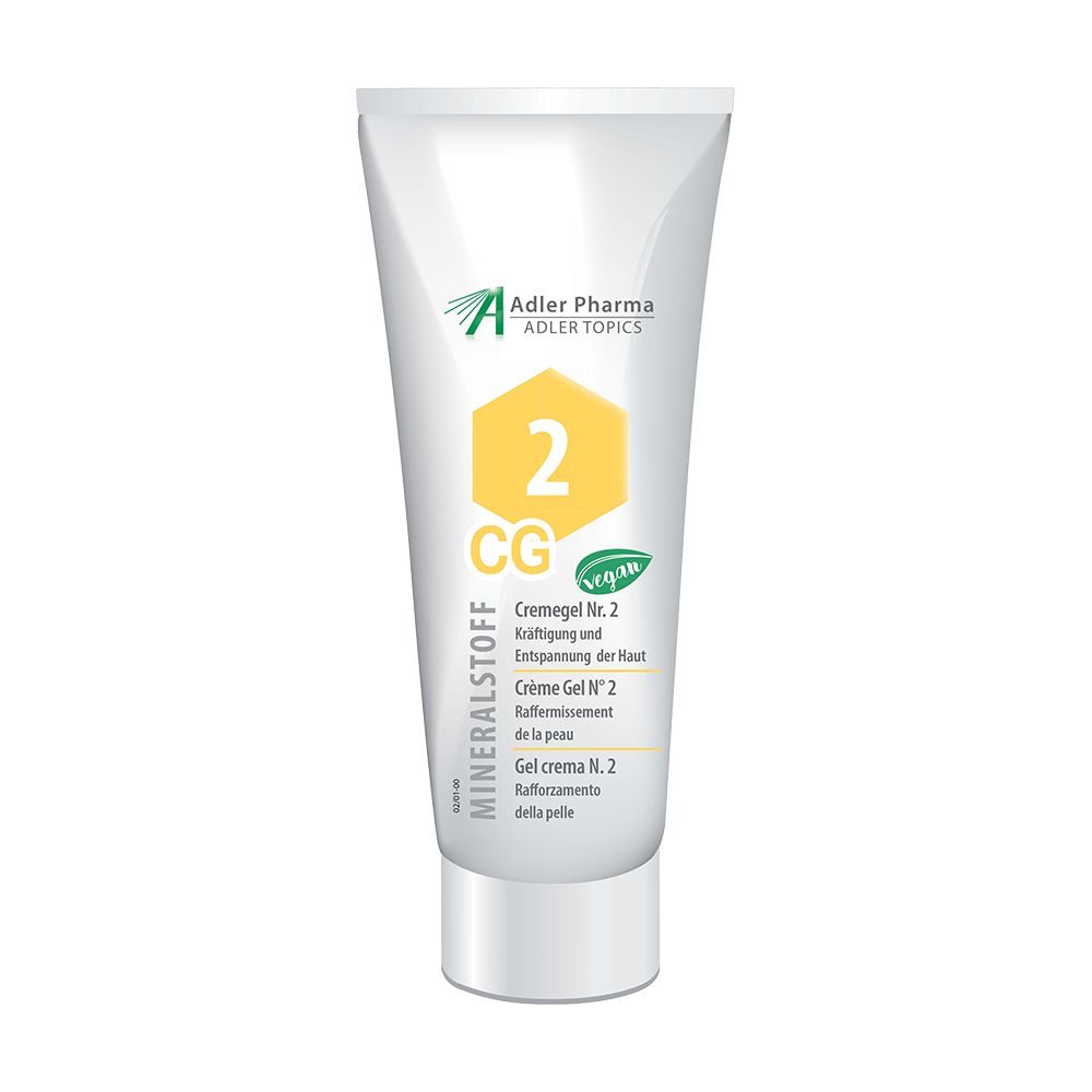 Witte crèmegel in tube. Opschrift: MINERALSTOFF, 2, CG, Adler Pharma. Vegan-zegel.