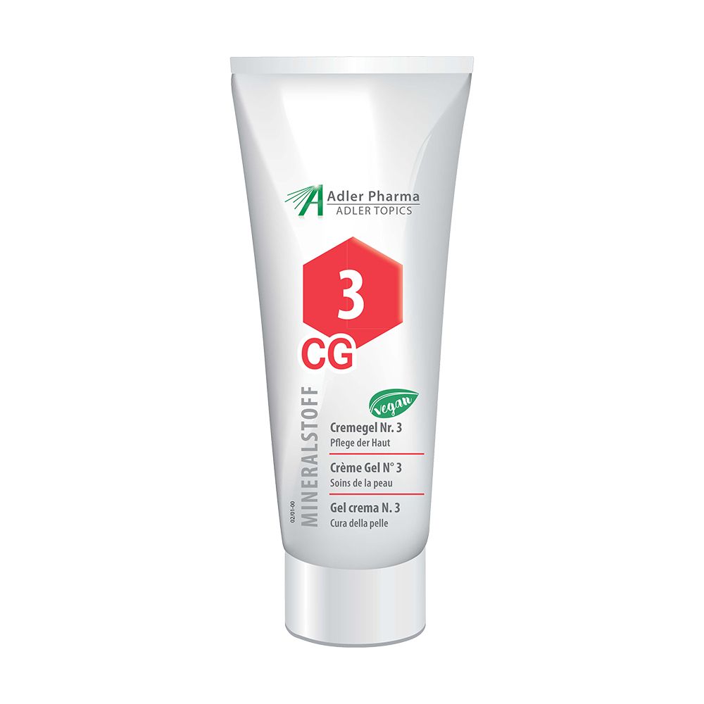 Witte tube Cremegel Nr. 3. Rode opdruk met "3 CG". Opschrift "MINERALSTOFF" en "vegan". 