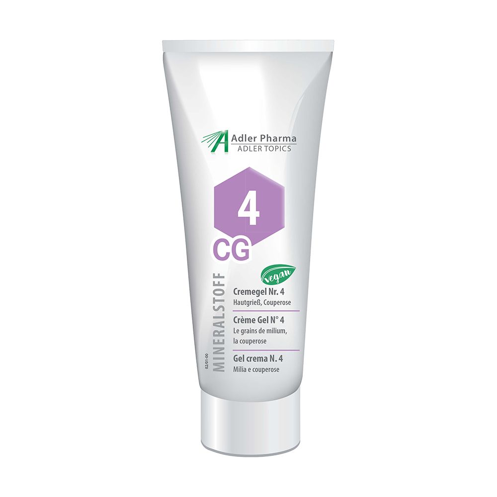 Witte en paarse tube met productinformatie. Opschrift: MINERALSTOFF, 4 CG, Cremegel Nr. 4, vegan. Adler Pharma logo.