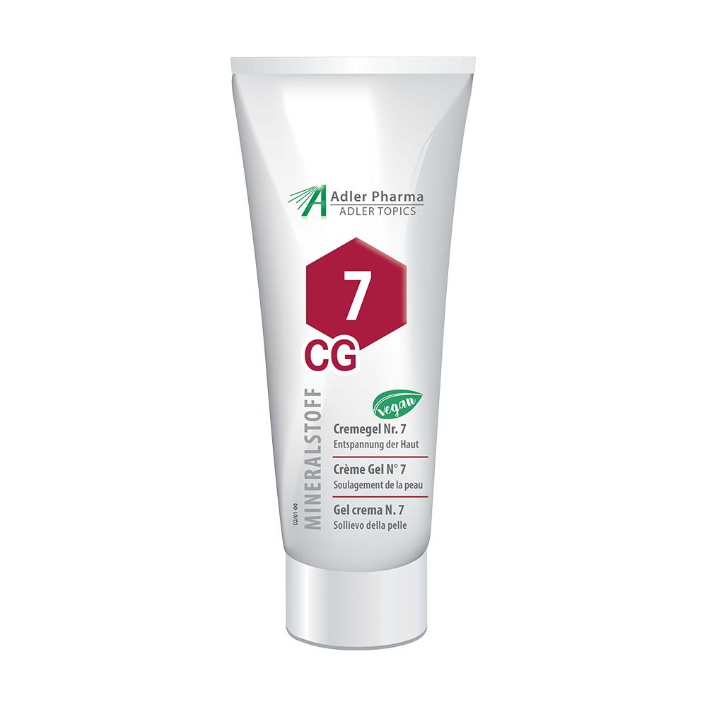 Witte tube met rood 7-CG logo en productnamen. Adler Pharma logo en Vegan label.