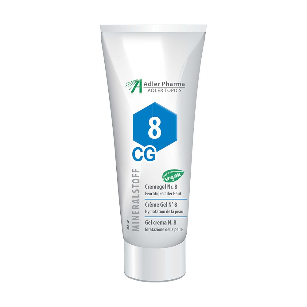 Witte tube met blauwe ruit "8 CG" en "MINERALSTOFF". Tekst in het Duits, Frans en Italiaans. Vegan-keurmerk.