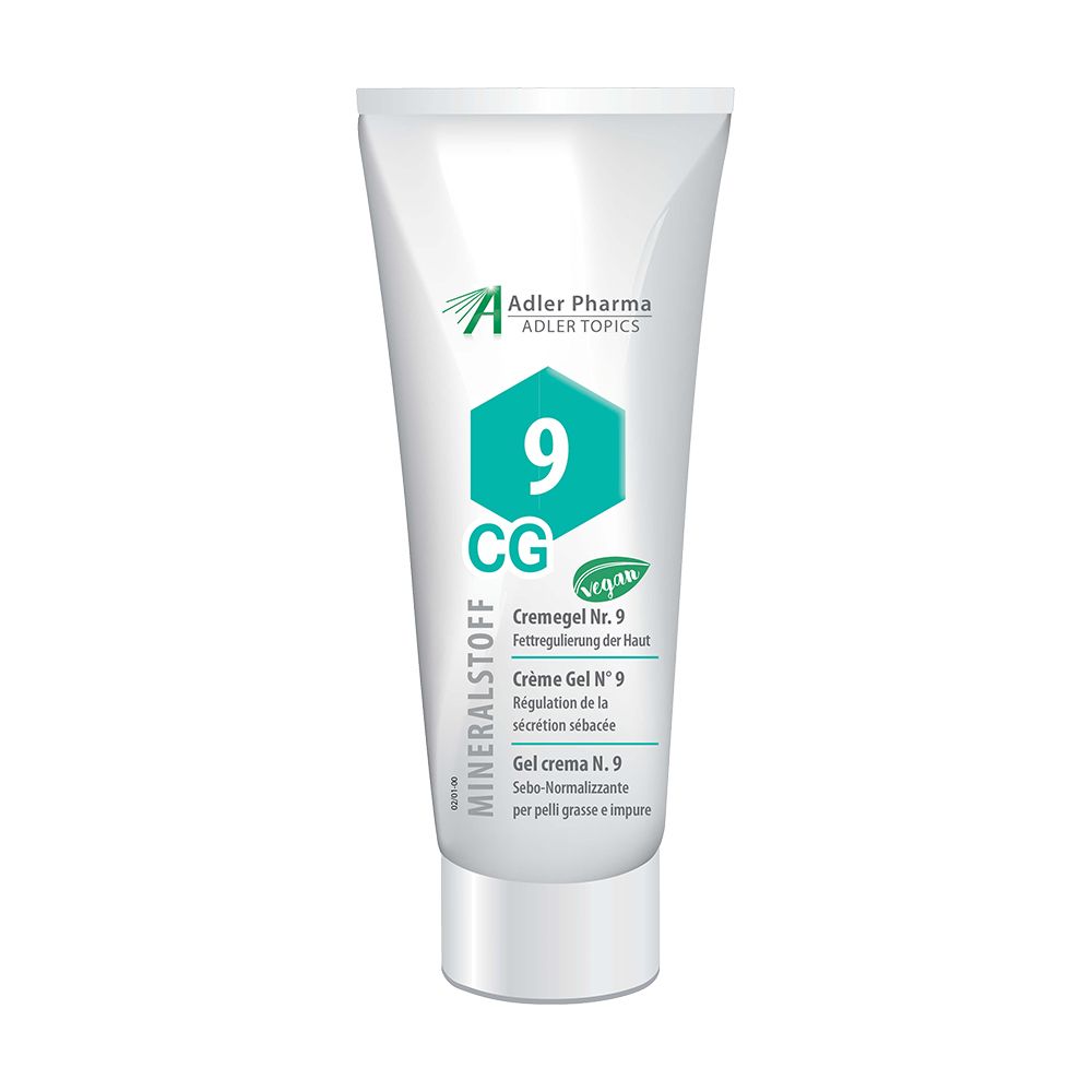 Tube de crème-gel blanche. Inscription : MINERALSTOFF, 9 CG, Adler Pharma. Label vegan. Texte : Cremegel Nr. 9, Crème Gel N° 9, Gel crema N.9.