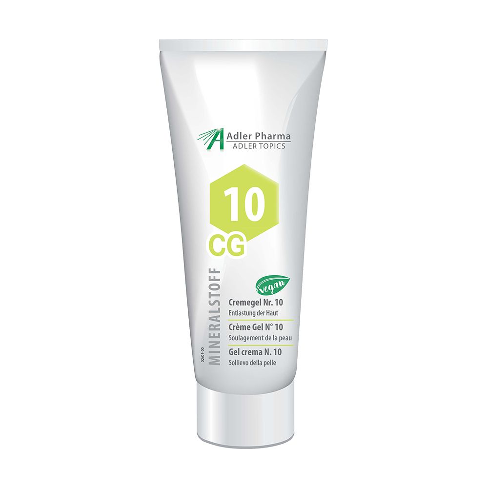 Witte tube met groene en zwarte tekst. Opschrift: 10 CG, Adler Pharma, vegan. Tekst: Cremegel Nr. 10, Crème Gel N° 10, Gel crema N. 10.