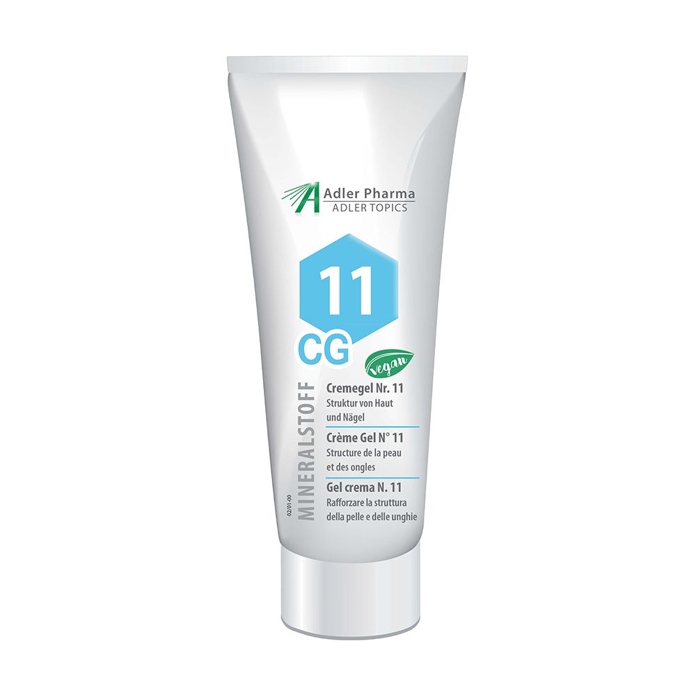 Witte tube met blauwe zeshoek en opschrift "11 CG". Adler Pharma logo. "vegan" zegel.