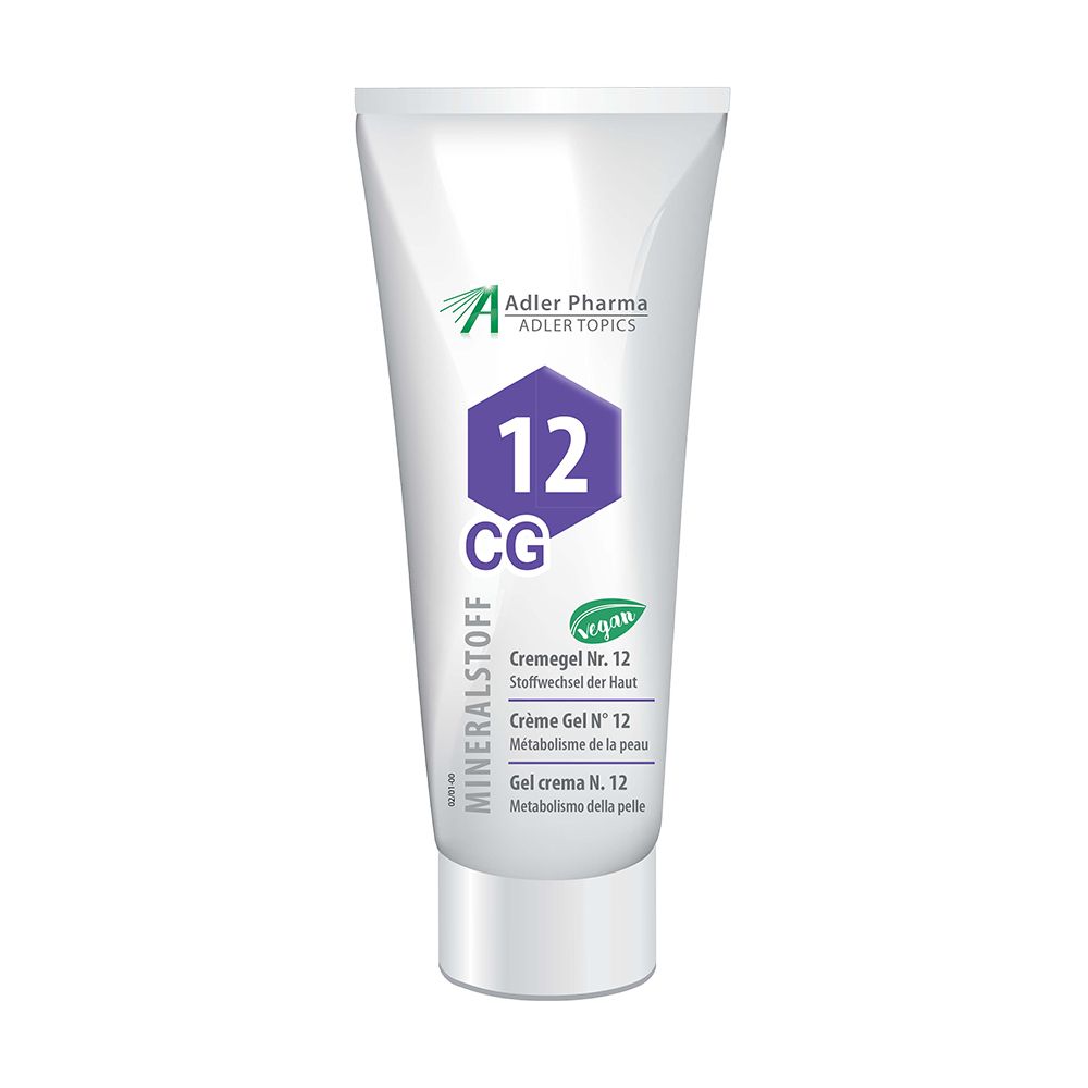 Witte tube met paarse accenten. Opschrift: Adler Pharma, 12 CG, MINERALSTOFF, Cremegel Nr. 12, vegan. Groen-wit logo.