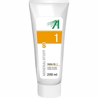 Witte tube met geel en wit etiket. MINERALSTOFF Salbe Nr. 1, groene en zwarte tekst. 200 ml.