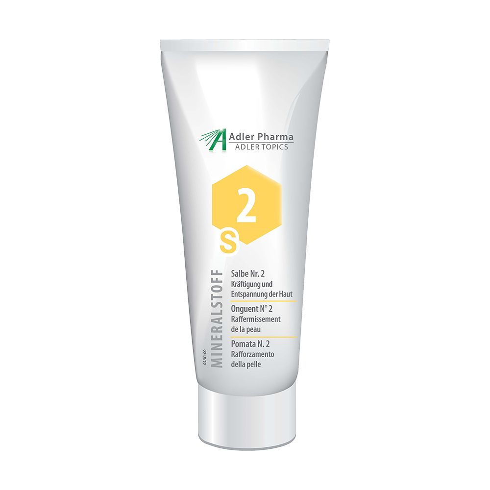 Witte tube met gele accenten. Opschrift MINERALSTOFF, Salbe Nr. 2, Adler Pharma logo. Productnaam in het Duits, Frans, Italiaans.