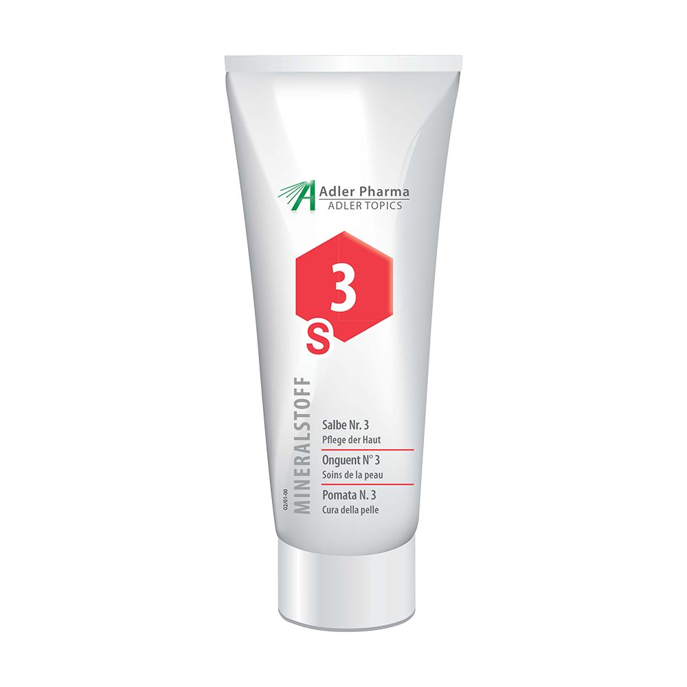 Tube blanc avec symbole 3S rouge et texte MINERALSTOFF. Logo Adler Pharma. Texte: Salbe Nr. 3, Soins de la peau.