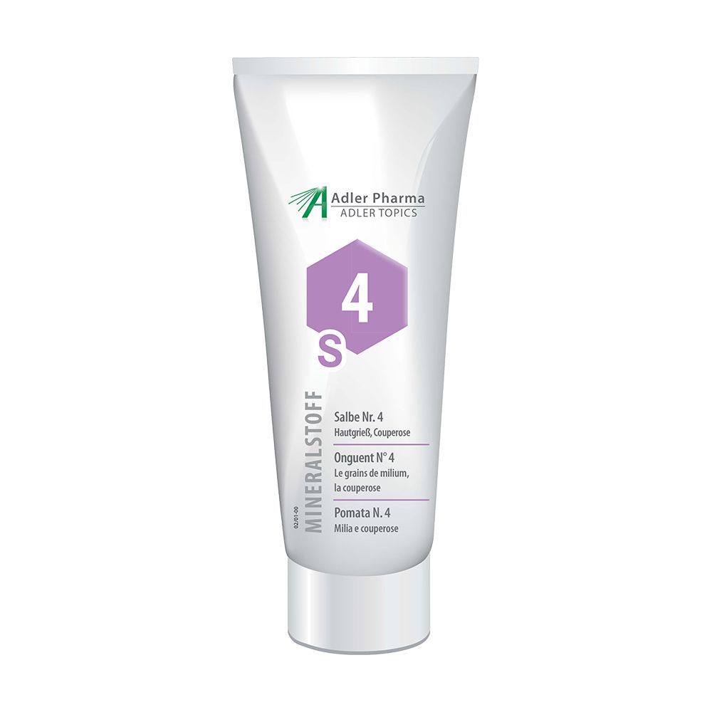 Witte tube met paarse accenten. Opschrift MINERALSTOFF, Adler Pharma logo en "4 S".