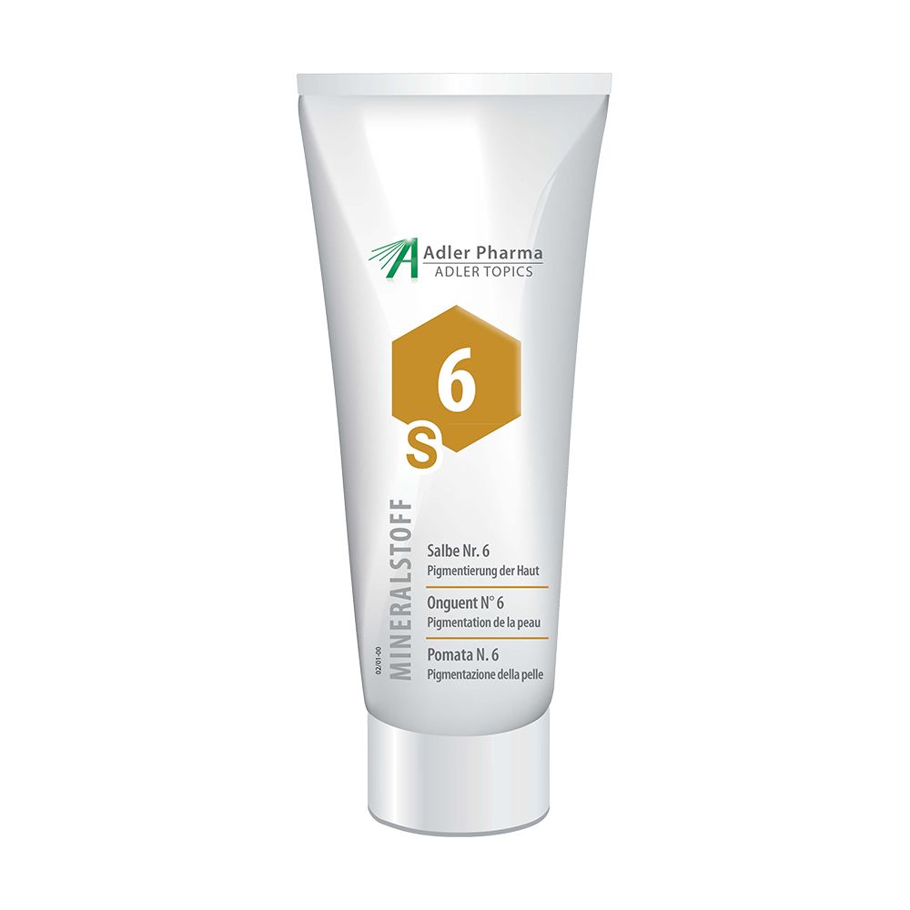 Tube blanche et argentée avec hexagone brun et inscription "6 S". Texte: Salbe Nr. 6, Onguent N°6, Pomata N. 6.