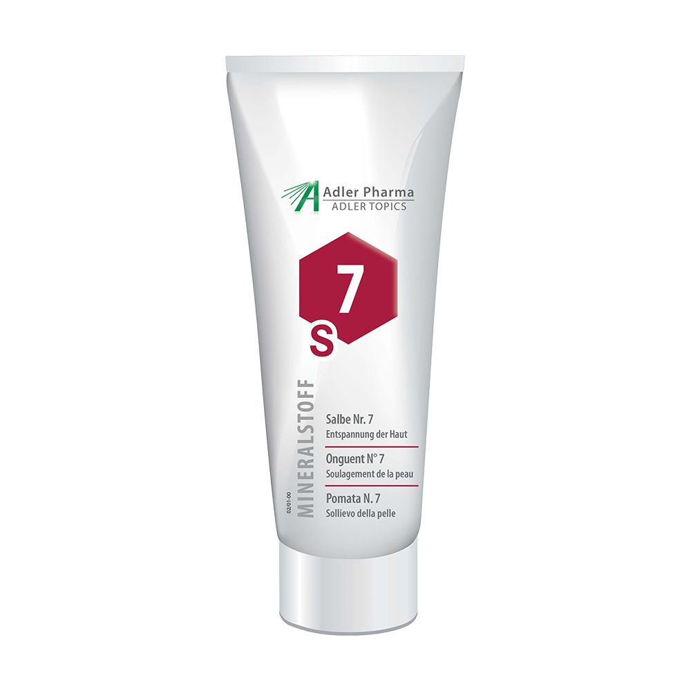 Witte tube met rode zeshoek '7 S'. Opschrift 'MINERALSTOFF' en logo 'Adler Pharma'.