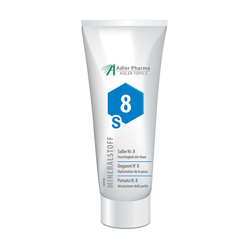 Witte tube met blauwe ruit "8 S". Tekst: MINERALSTOFF, Salbe Nr. 8, Adler Pharma.