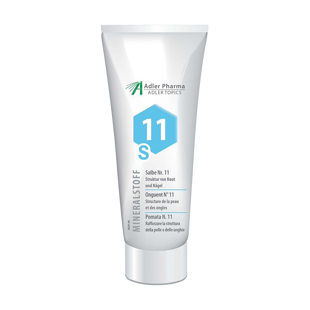 Witte tube met blauwe zeshoek en opschrift "11 S". Adler Pharma logo. MINERALSTOFF Salbe Nr. 11.