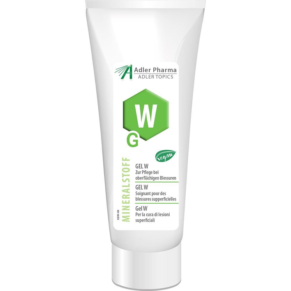 Witte tube met groen logo en tekst. Bevat "GEL W" en "MINERALSTOFF". Vegan-zegel.