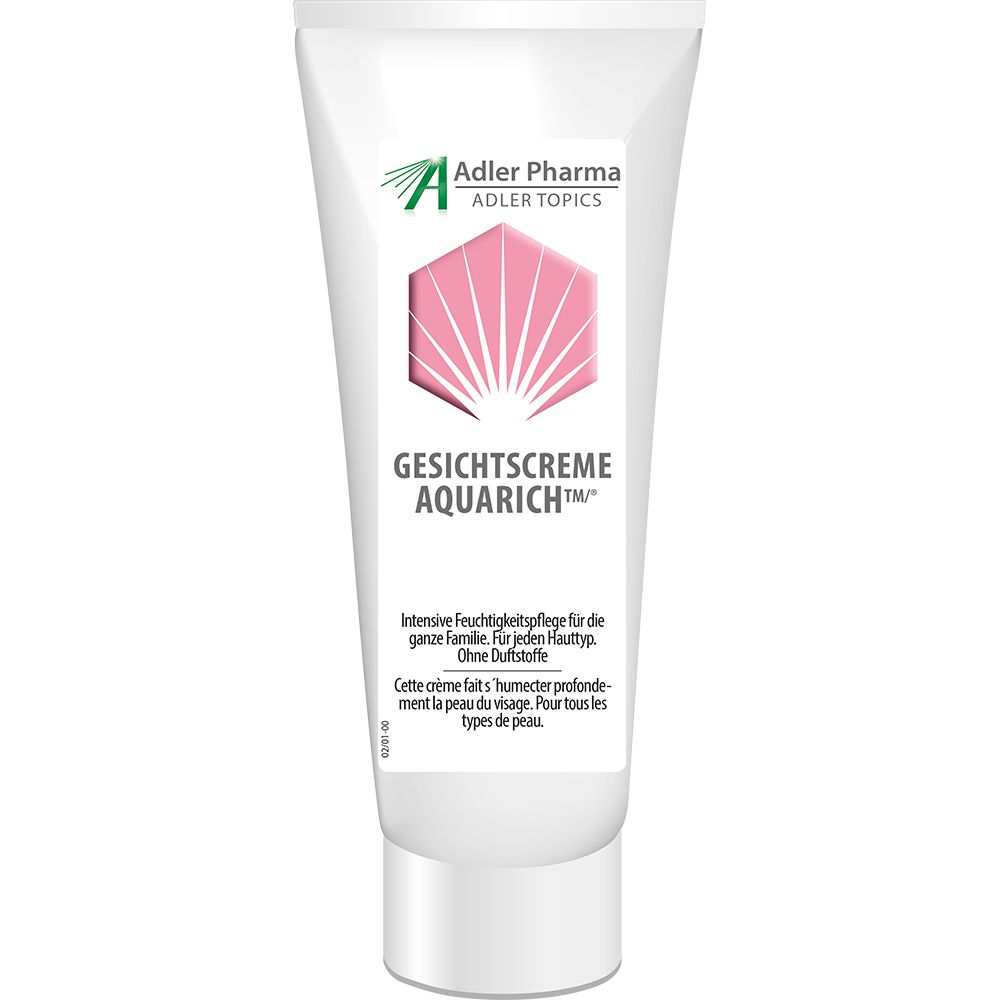 Witte tube met roze logo en tekst. "Gesichtscreme Aquarich" en "Adler Pharma" zijn zichtbaar.