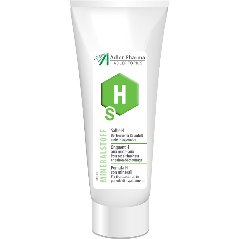 Witte tube met groen etiket. Opschrift: MINERALSTOFF Salbe H. Merk: Adler Pharma.