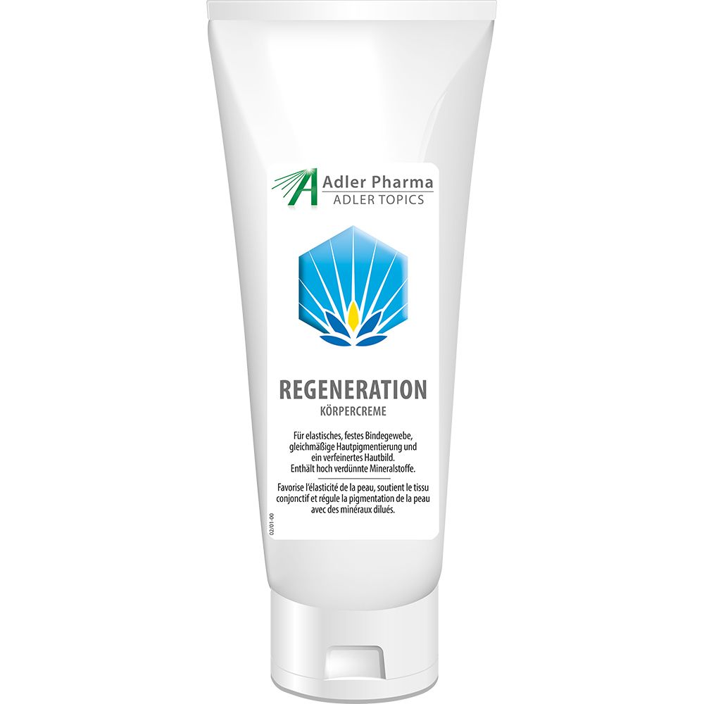 Tube blanche avec étiquette bleue et blanche. Inscription: REGENERATION Körpercreme. Logo Adler Pharma.
